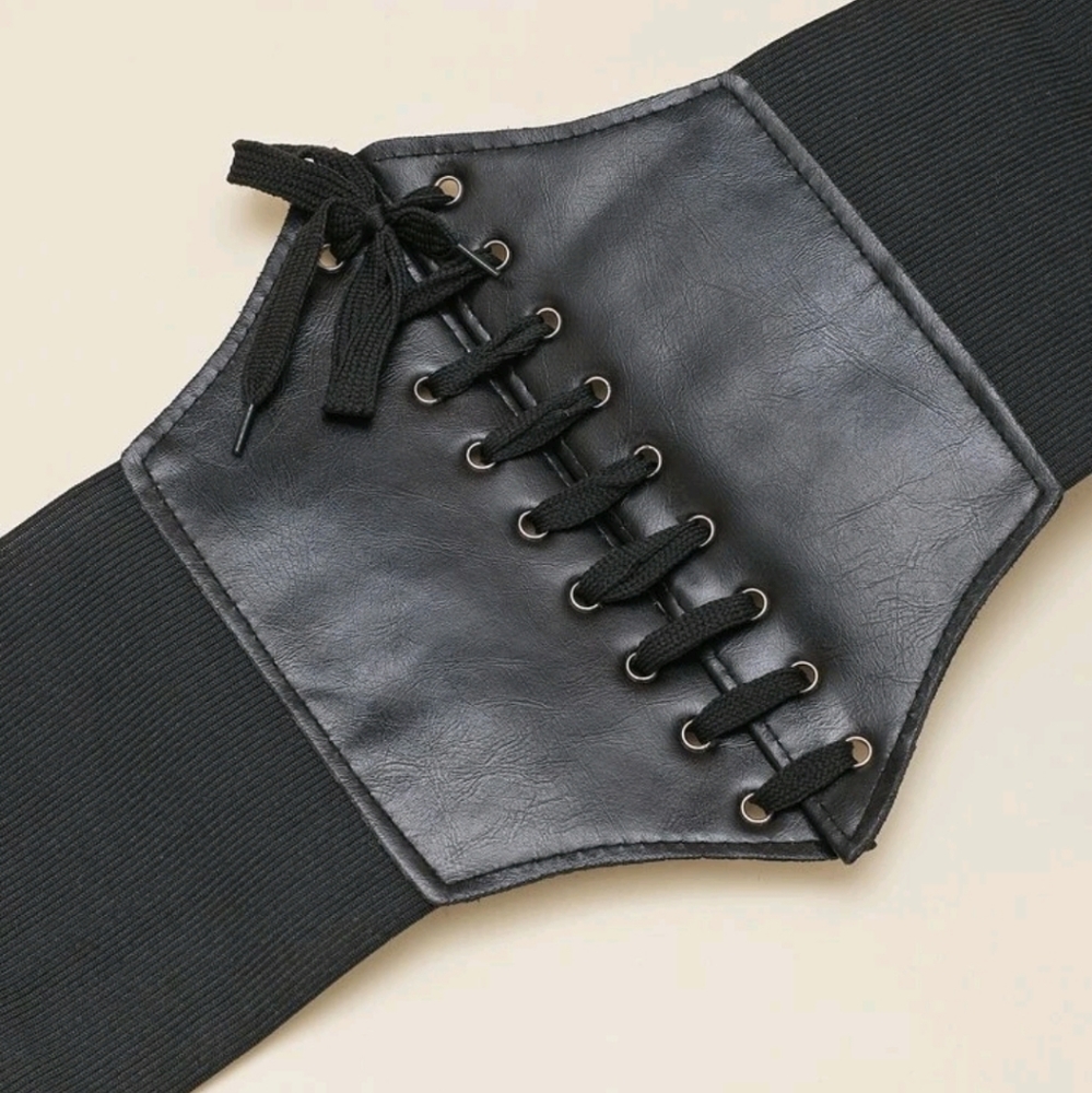 Womens Black Faux lace up stretch faux leather corset wide waist boho wrap Belt - Picture 9 of 13